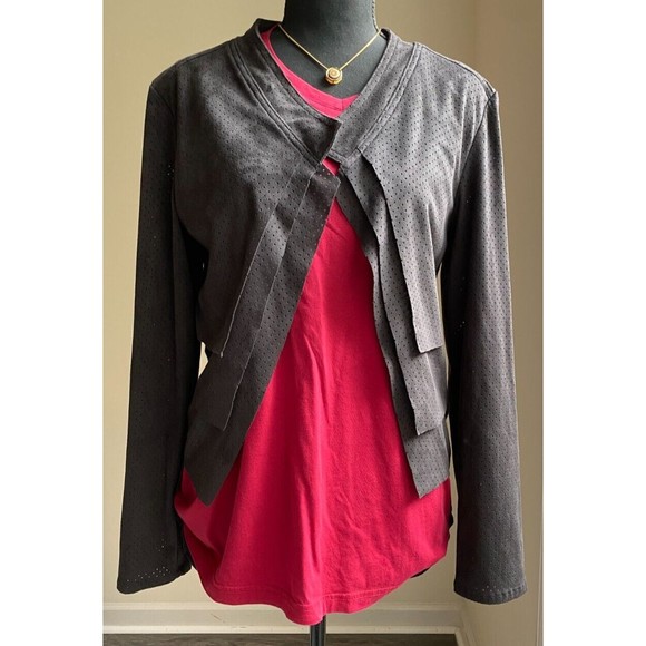 Nine West Faux Leather Blazer Women's Sz M Black Asymmetrical Perforated Boho - Picture 9 of 10